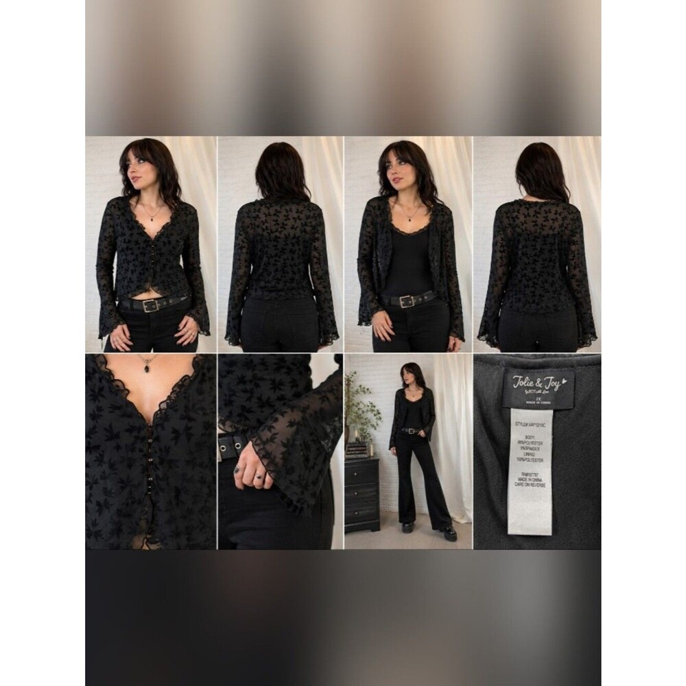 jolie & joy 2x black flocked mesh bows sheer ruffle bell sleeve fairy grunge top